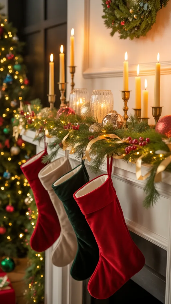 Candlelit Christmas Mantel Dressed in Velvet and Gold
