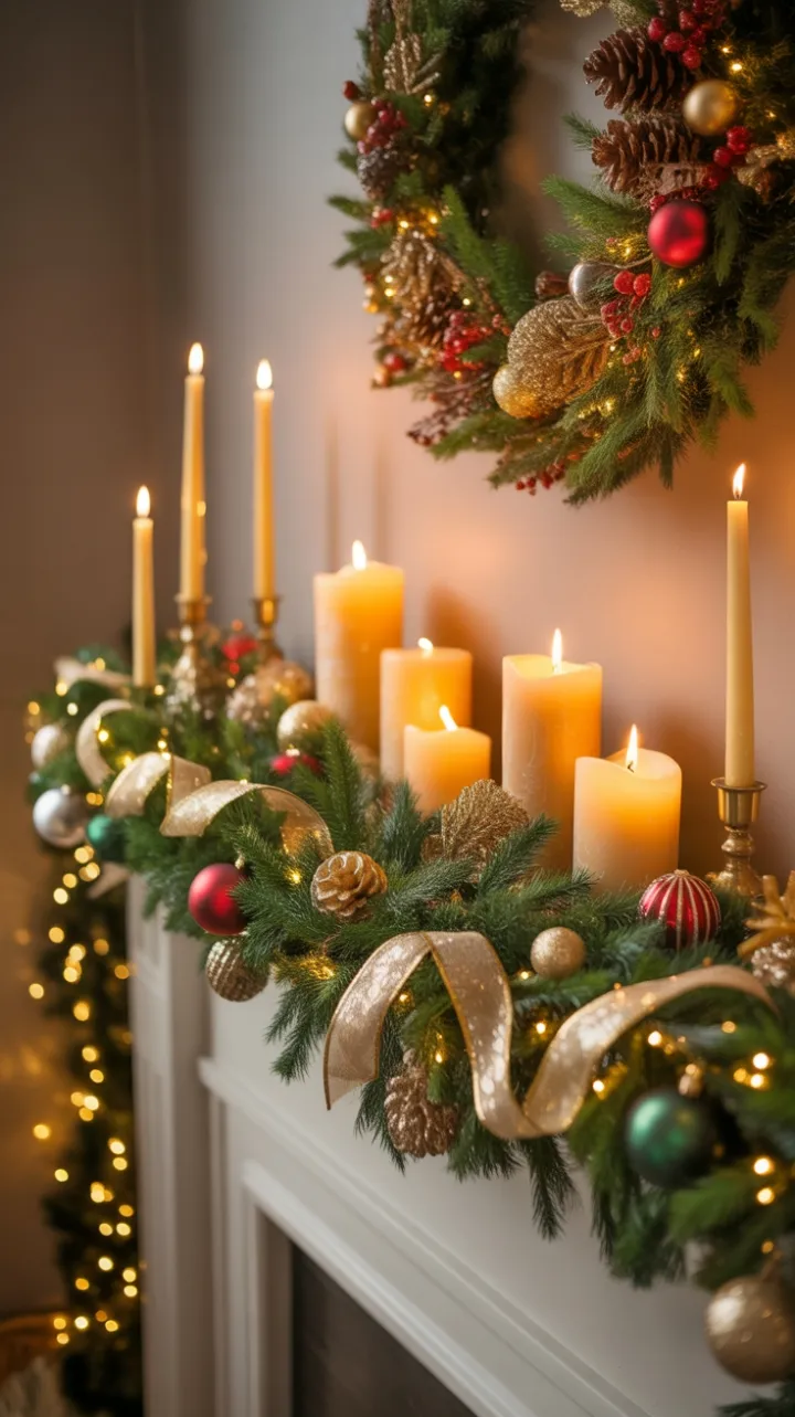 Cozy Christmas Mantel Draped in Emerald Garland and Golden Light