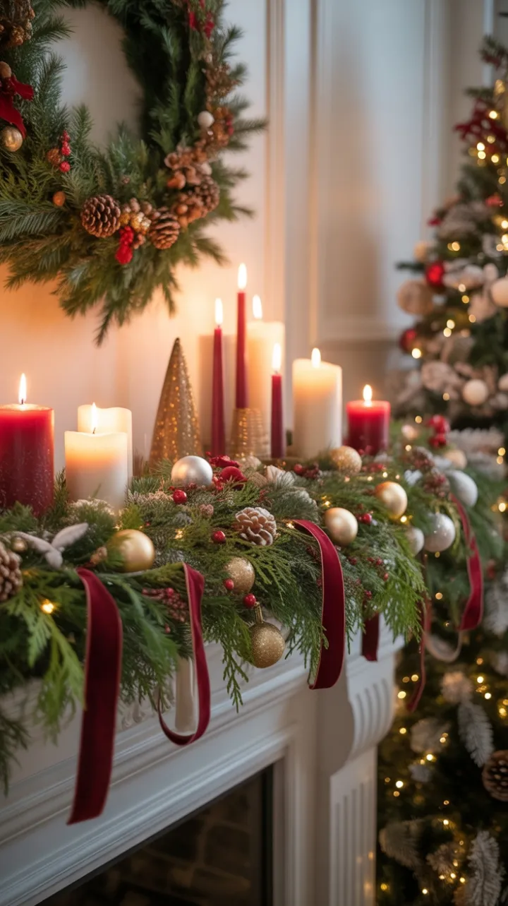 Candlelit Christmas Mantel Draped in Velvet, Gold, and Winter Magic