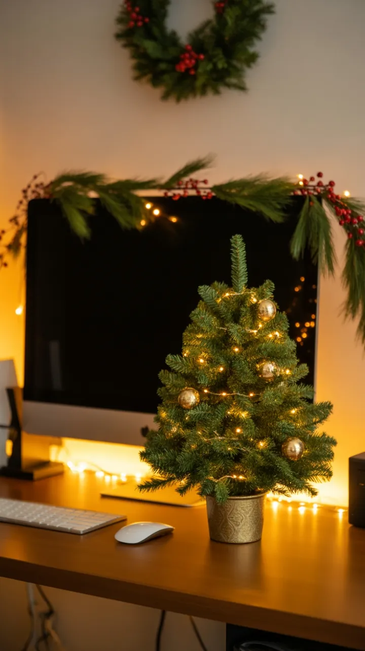 Warmly Lit Desk Wrapped in Holiday Cheer