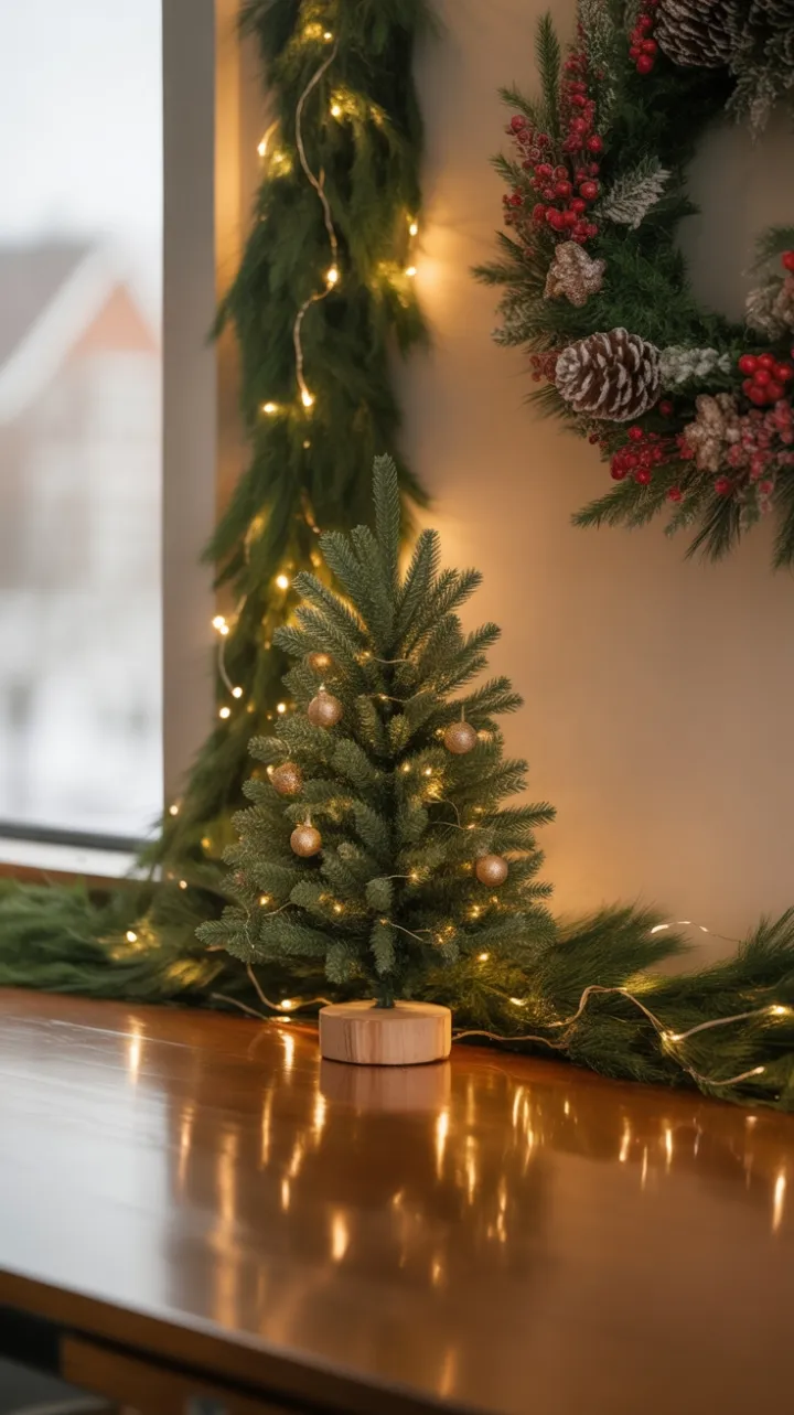Cozy Holiday Desk with a Mini Evergreen, Golden Lights and Frosted Wreath