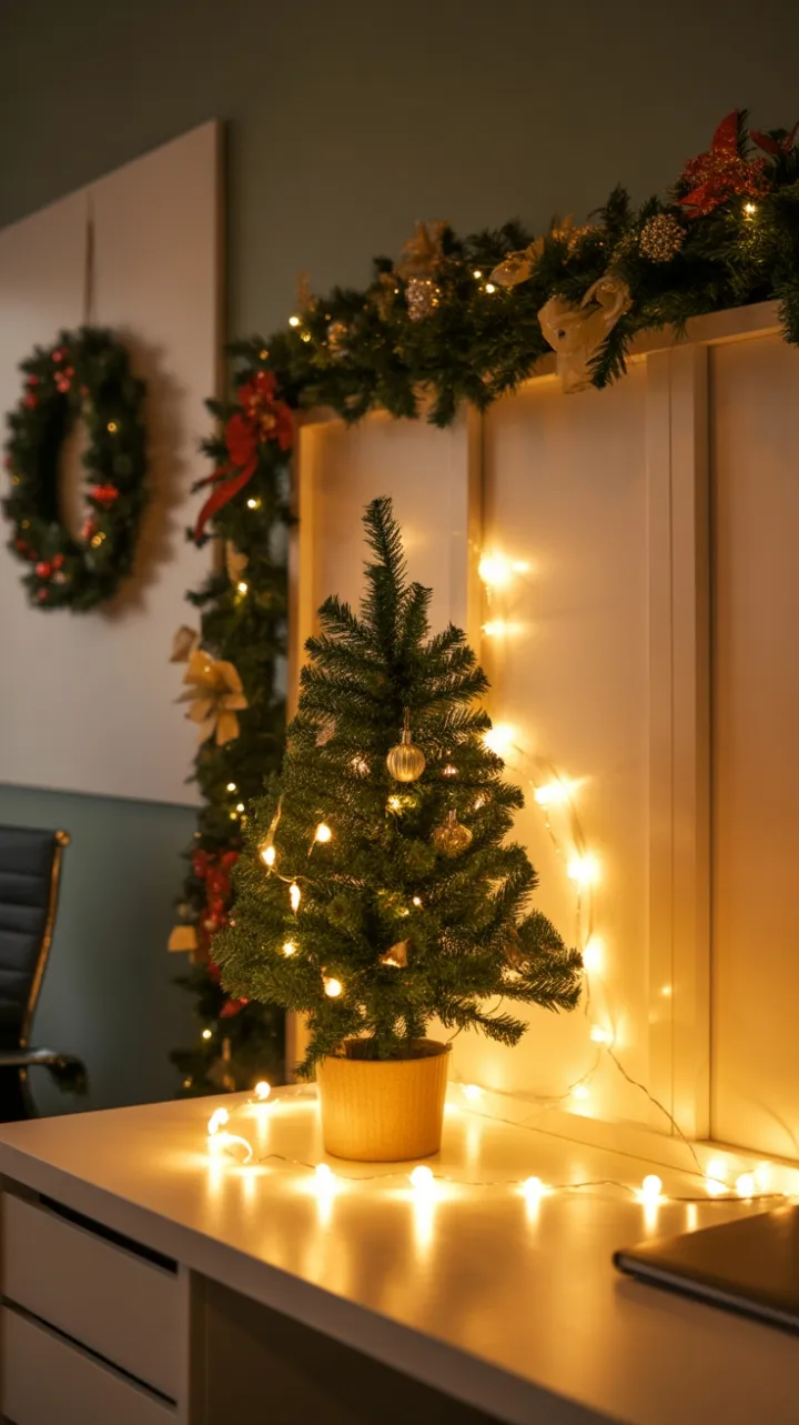 Deskside Christmas Glow with Mini Evergreen, Golden Ornaments, and Warm Fairy Lights