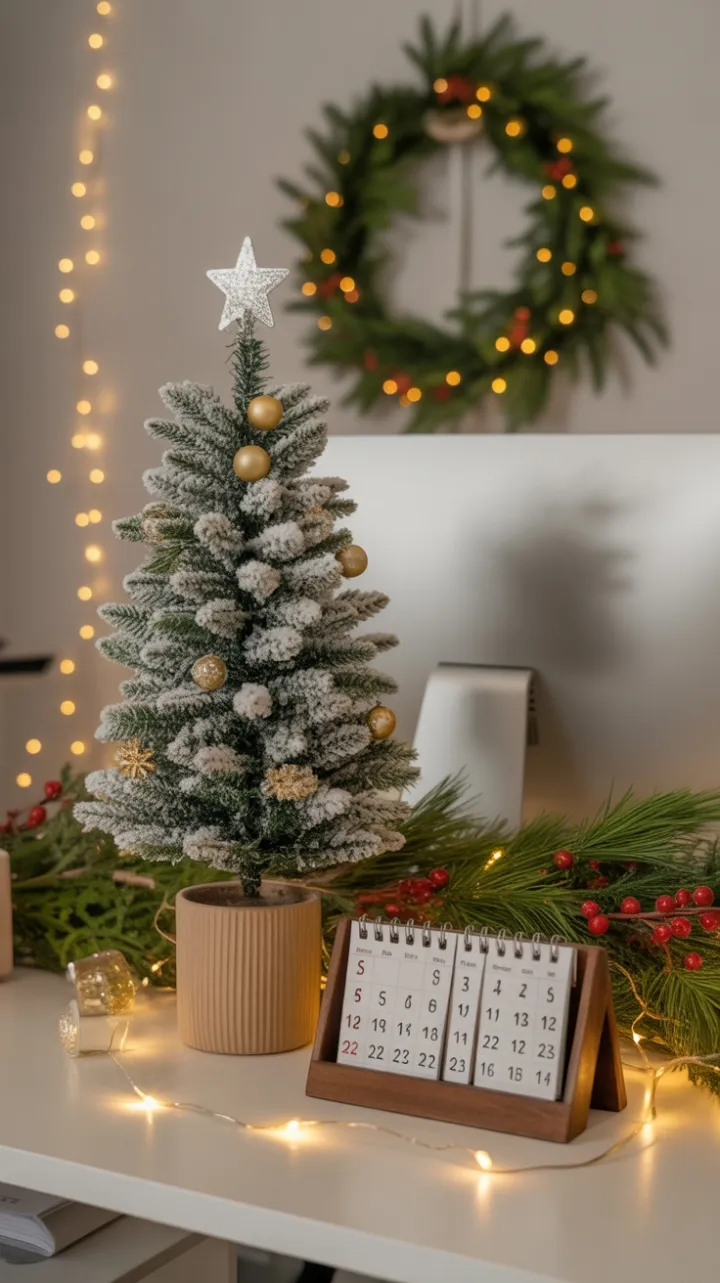 Cozy December Desk with Flocked Tree, Golden Baubles and Warm Fairy Lights