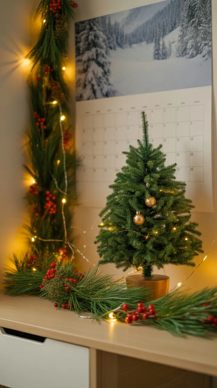 Cozy Christmas Desk Dressed in Pine, Berries, and Golden Lights