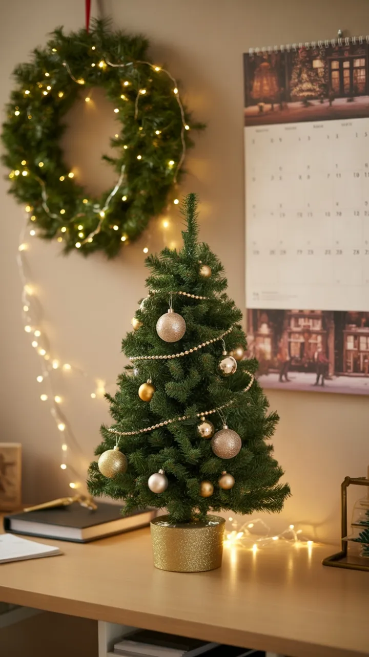 Cozy Christmas Desk with Twinkling Lights and Miniature Tree