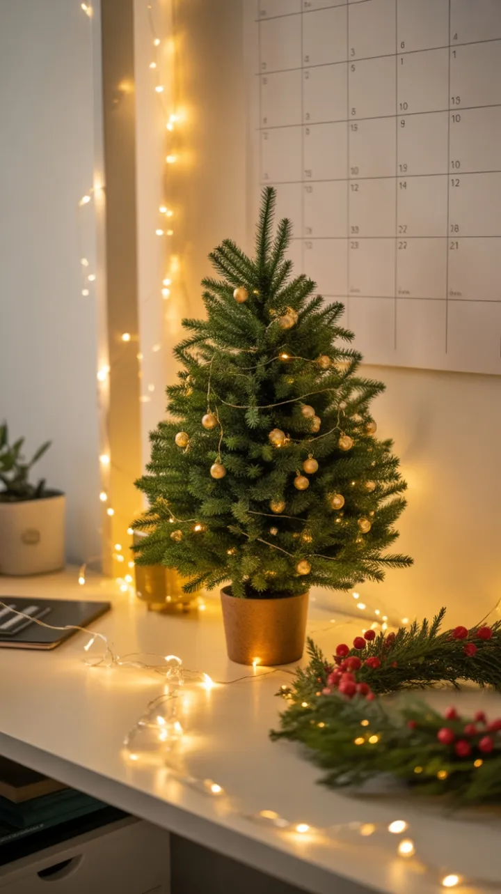Cozy Holiday Desk with Mini Evergreen and Twinkling Lights