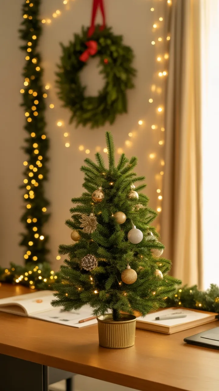 Cozy Christmas Desk Bathed in Golden Light
