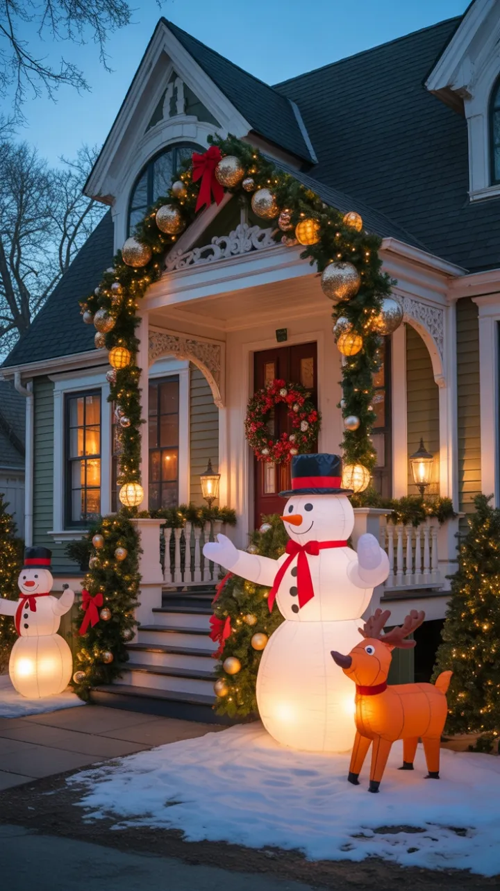 Victorian Home Bathed in Christmas Glow with Gold Ornaments and Festive Snowmen