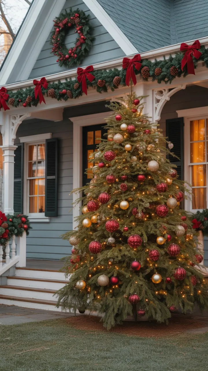 Victorian Home Bathed in Golden Light and Twinkling Christmas Splendor