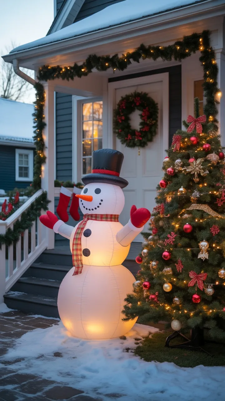Snowman's Warm Welcome to a Twinkling Holiday Home