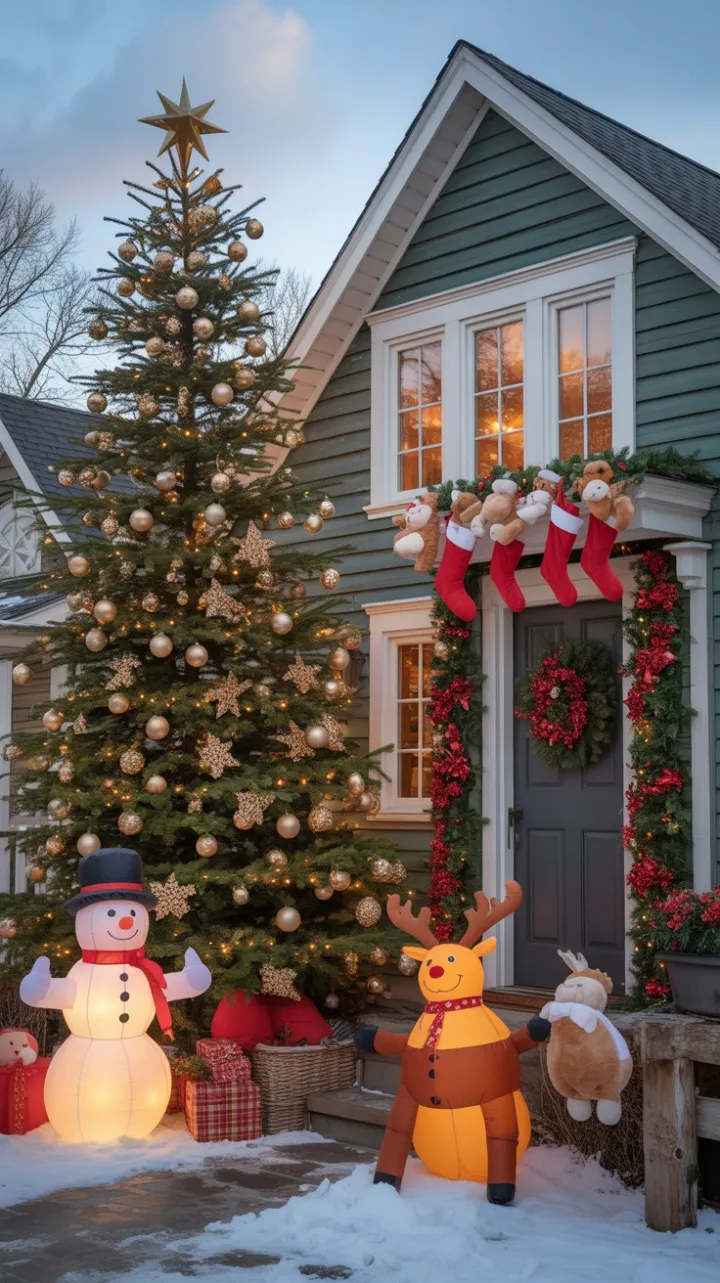 Twinkling Evergreens and Playful Snowmen Welcome a Cozy Christmas Home