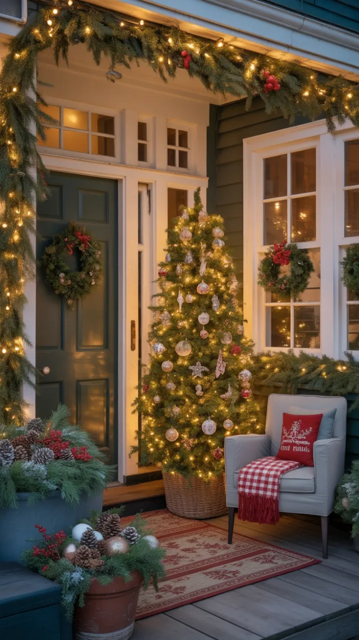 Twinkling Christmas Porch Wrapped in a Warm Holiday Glow
