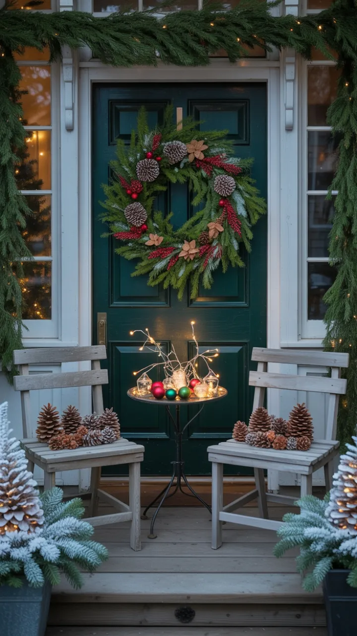 Twinkling Lights and Evergreens on a Cozy Christmas Porch