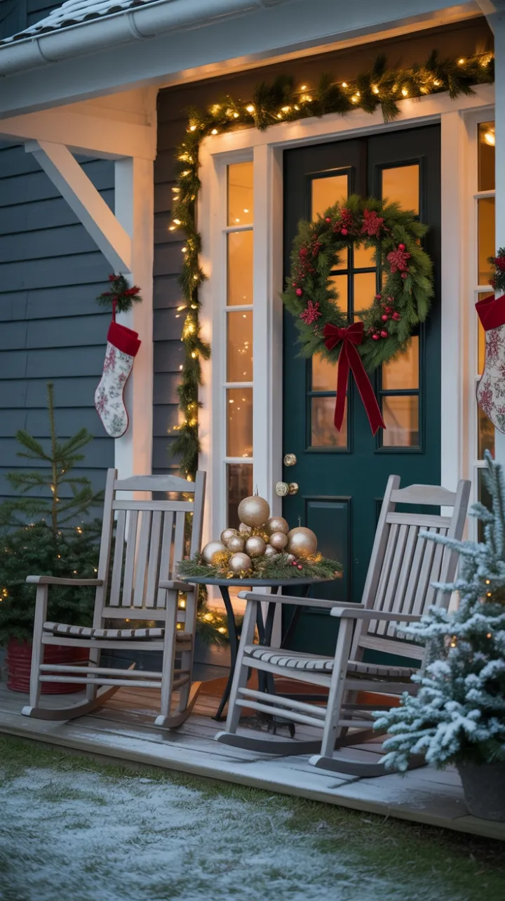 Velvet Wreath and Twinkling Lights on a Snow-Kissed Porch