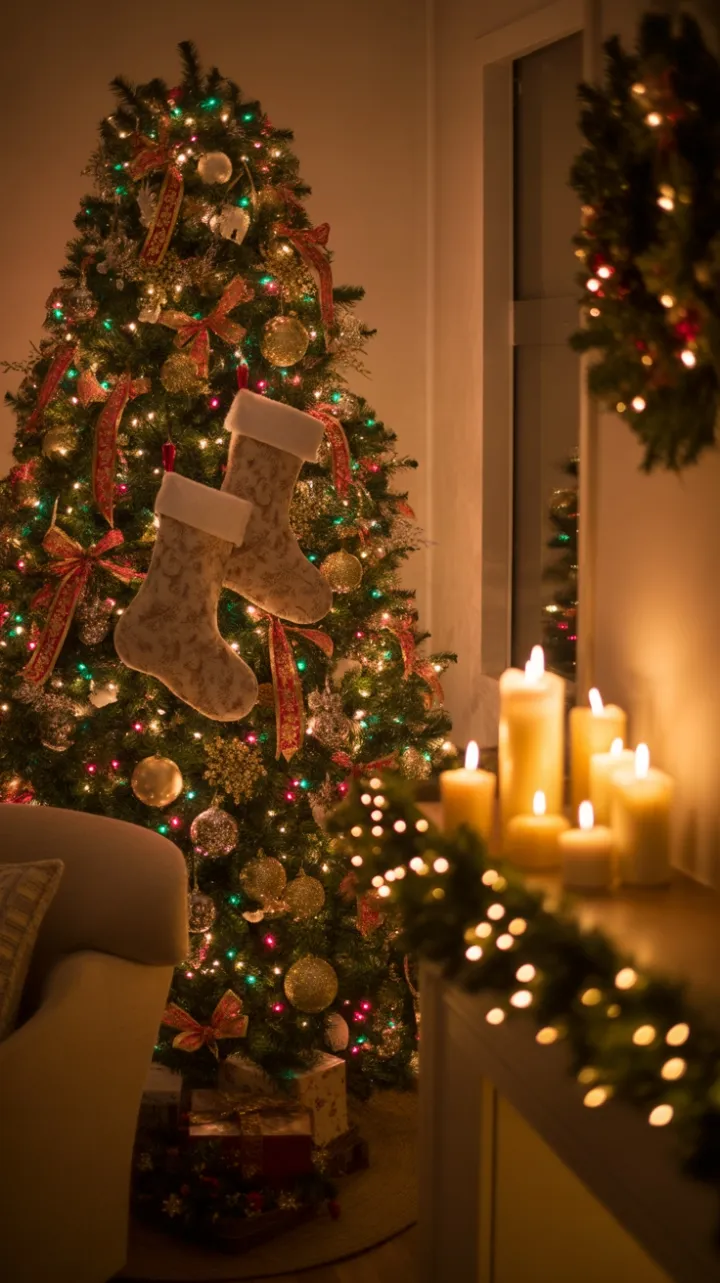 Warm Christmas Glow of Ribbons, Ornaments and Candlelight