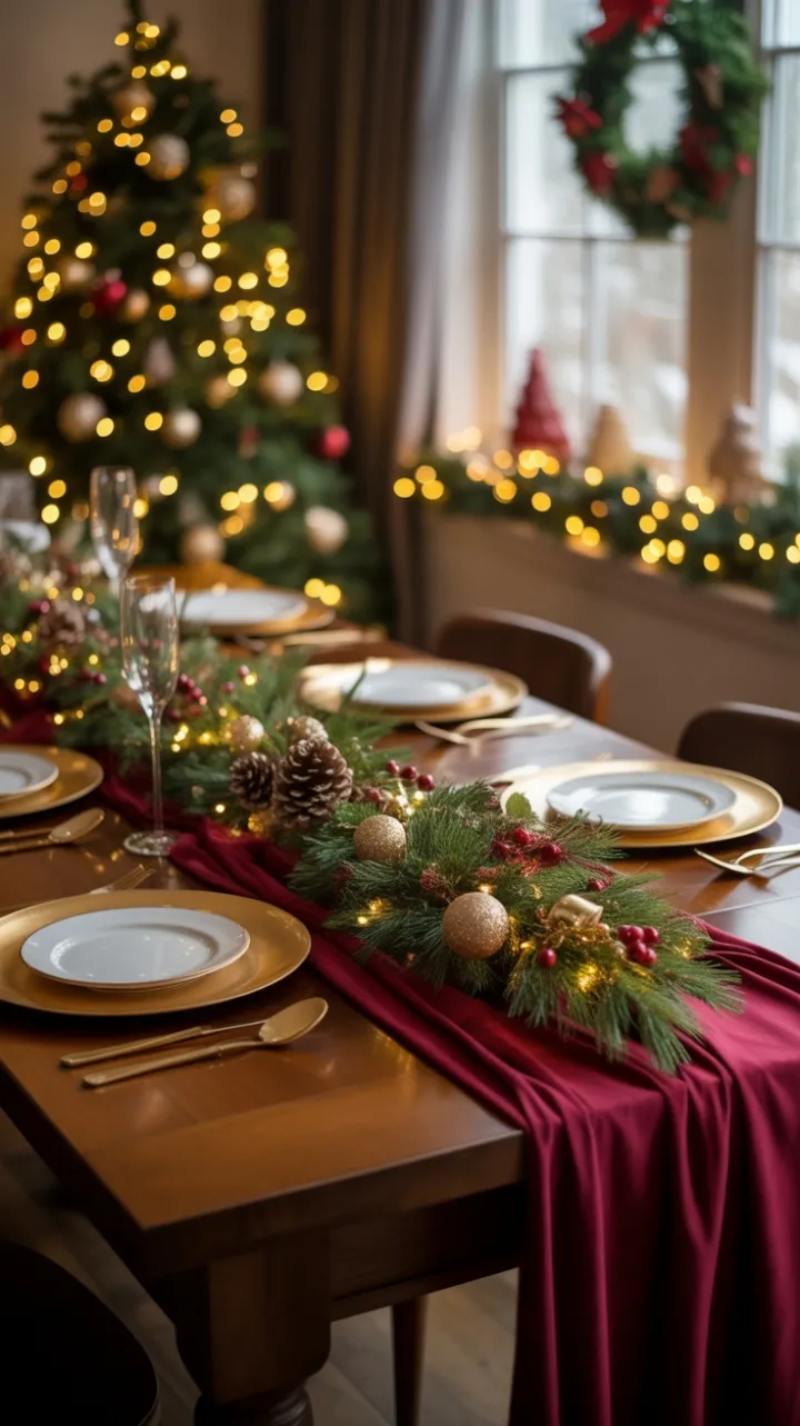 Cozy Burgundy and Gold Christmas Table Glowing with Fairy Lights