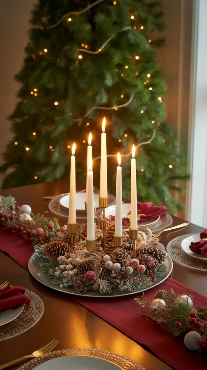 Candlelit Burgundy and Gold Christmas Table with Pinecone Centerpiece