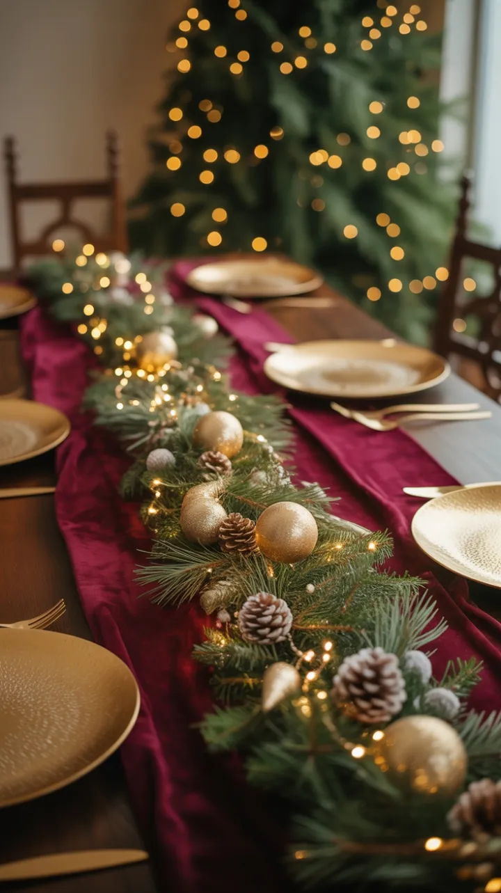 Burgundy Velvet Christmas Table Bathed in Warm Twinkle