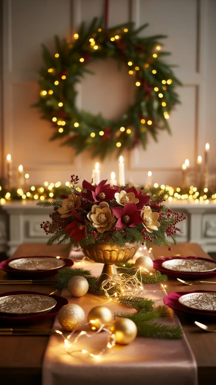 Candlelit Velvet Holiday Table Draped in Gold and Burgundy