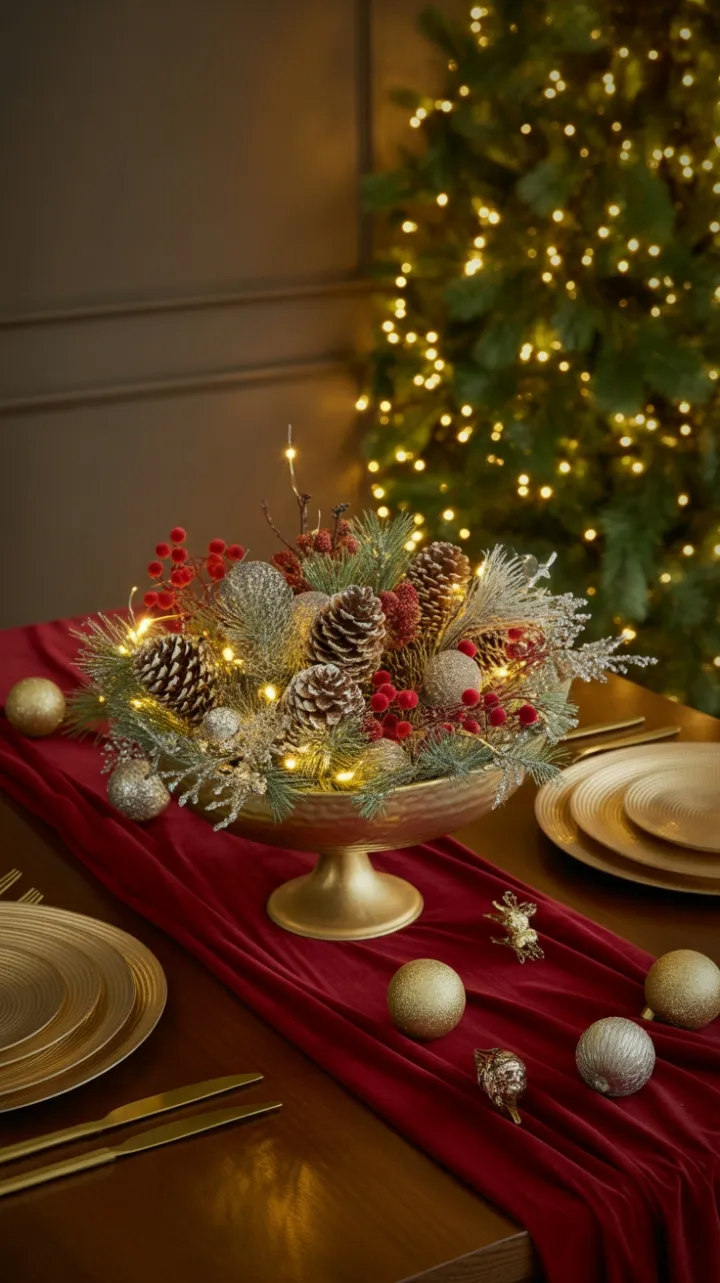 Twinkling Velvet Holiday Table with Pinecone Centerpiece