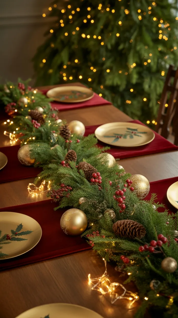 Burgundy Velvet Holiday Table Glowing with Gold, Evergreen and Warm Lights