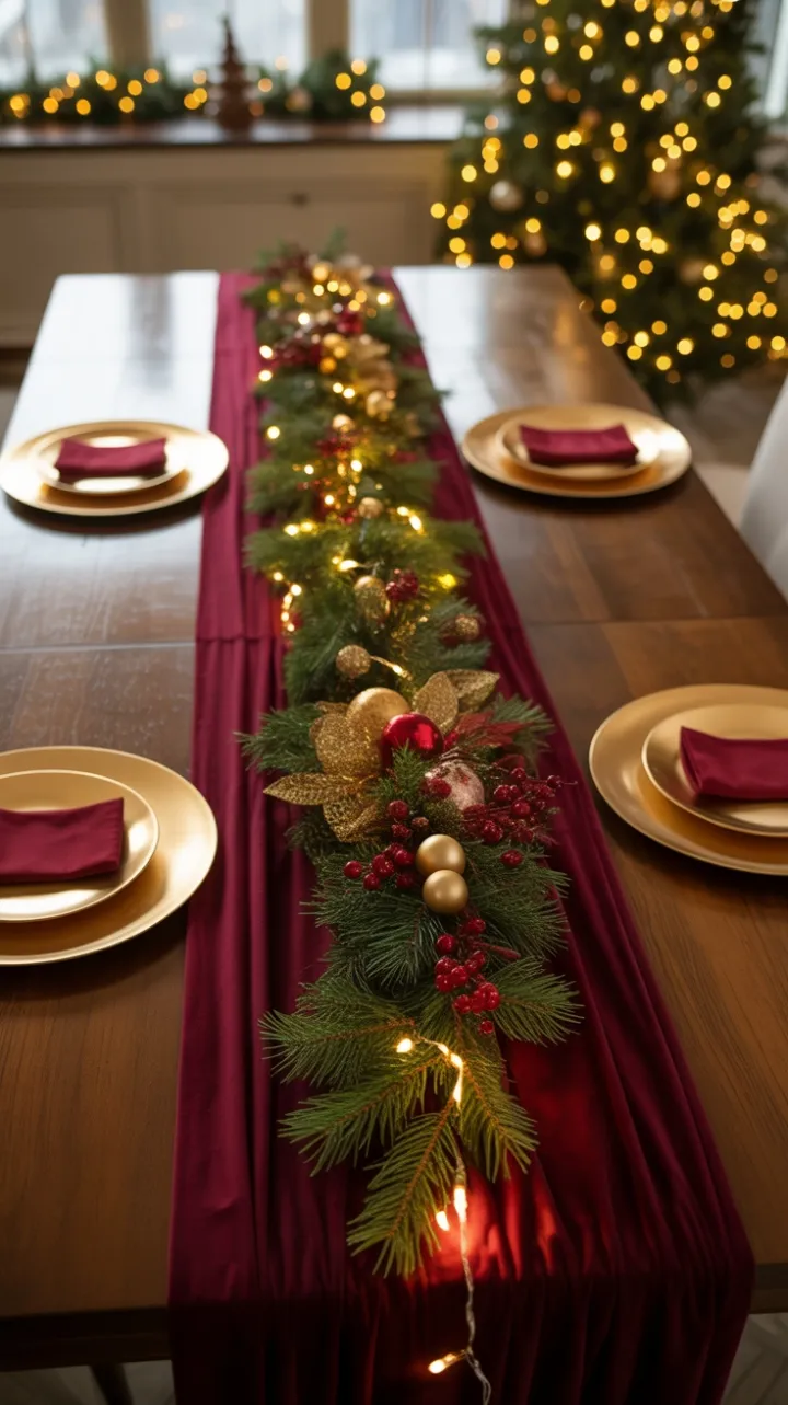 Burgundy Velvet Christmas Table Bathed in Golden Light
