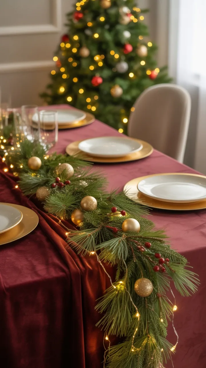 Burgundy Velvet Holiday Table Dressed in Gold and Light