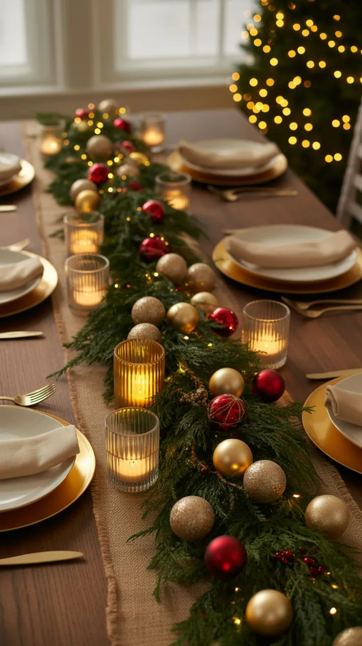 Cozy Christmas Table Adorned with Gold and Crimson Garland