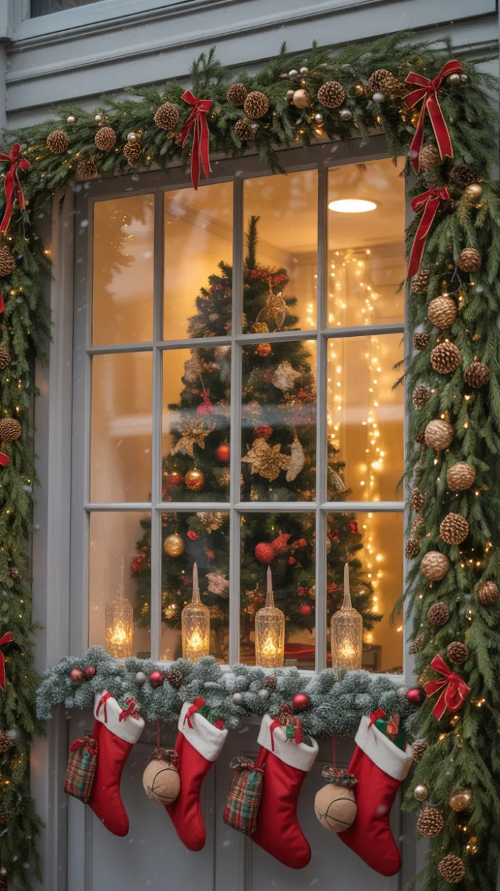 Snow-Kissed Holiday Window Wrapped in Warm Light
