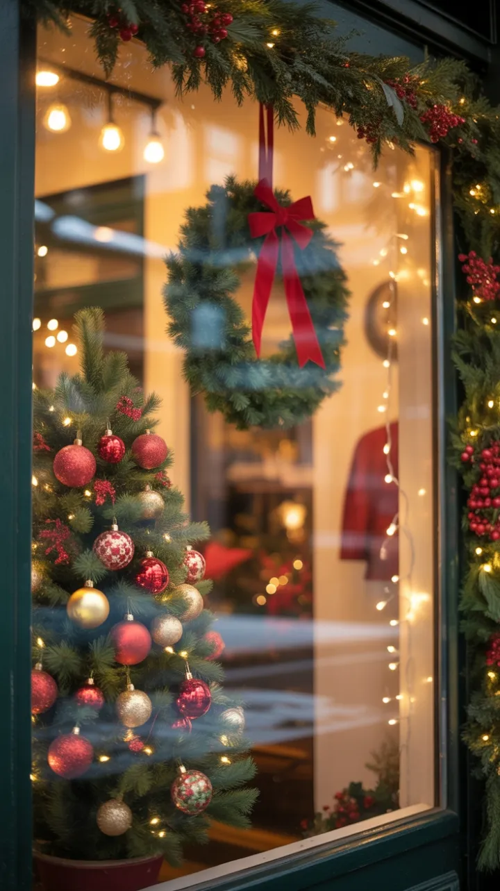 Dusk-Lit Christmas Window of Velvet Wreath and Twinkling Cheer