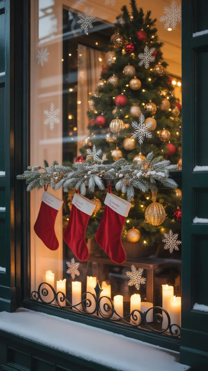 Snow-Dusted Christmas Window Radiating Warm Gold and Ruby Light