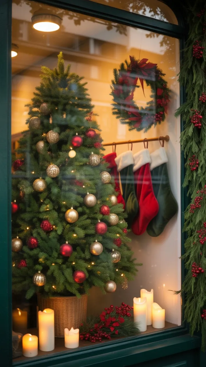 Cozy Christmas Window Dressed in Gold and Crimson