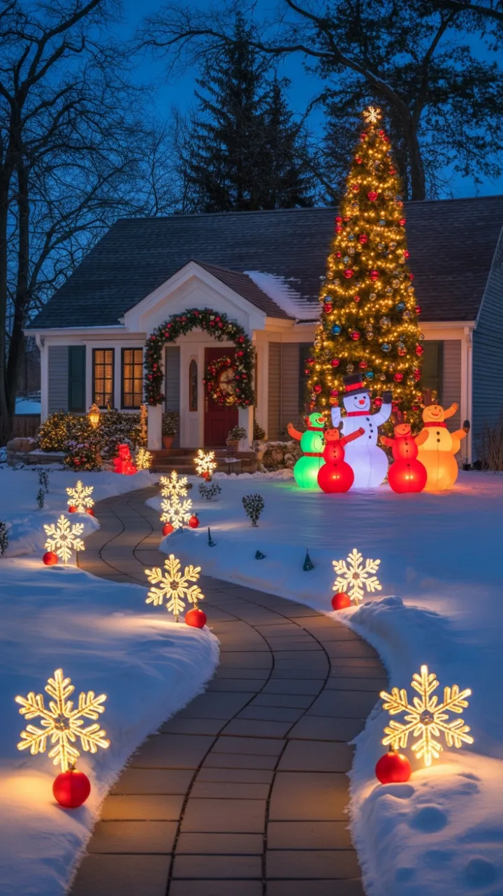 Snow-Kissed Holiday Home Wrapped in Warm Twilight Glow