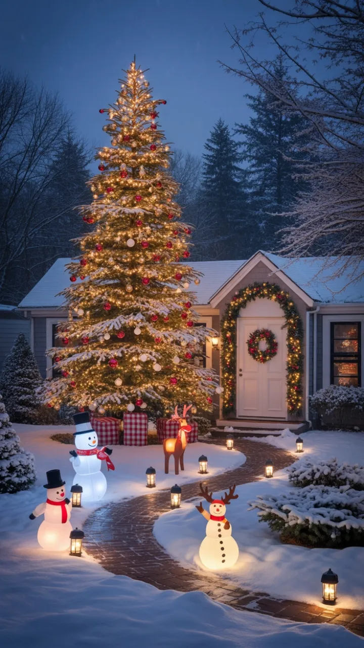 Twinkling Spruce and Whimsical Snowmen in a Cozy Christmas Wonderland