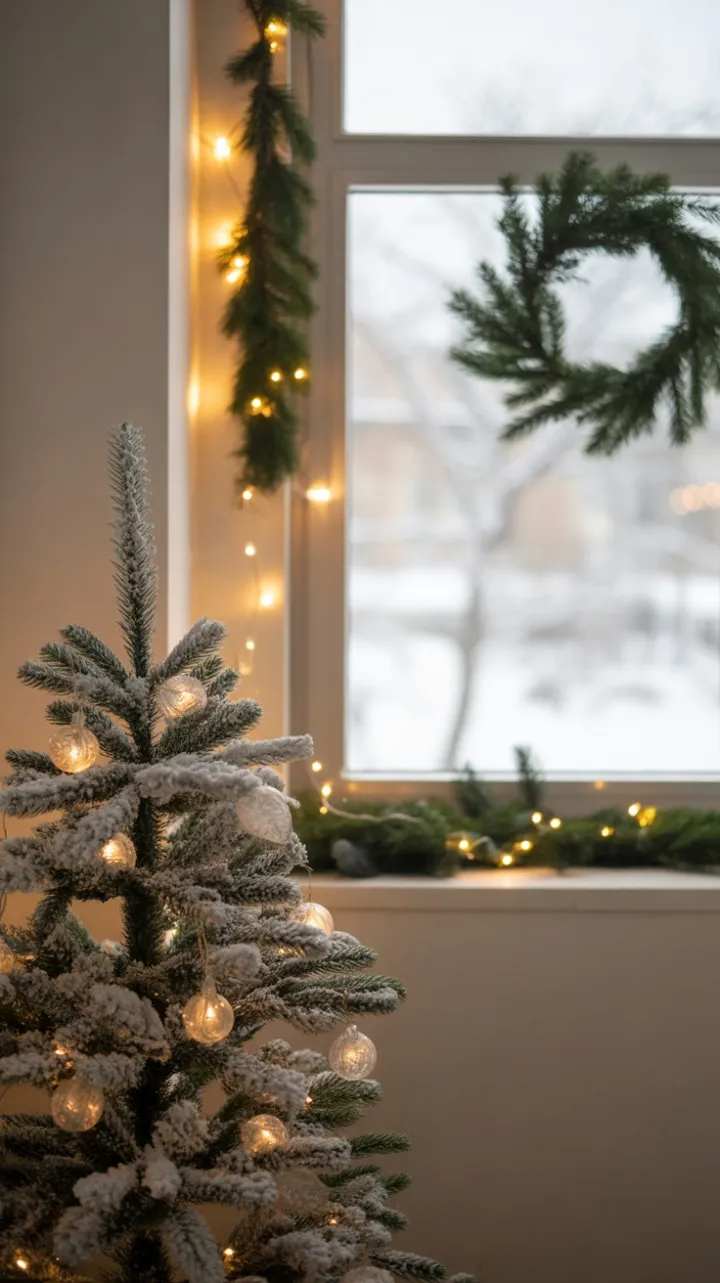 Cozy Flocked Fir and Warm Lights in a Snowy Corner