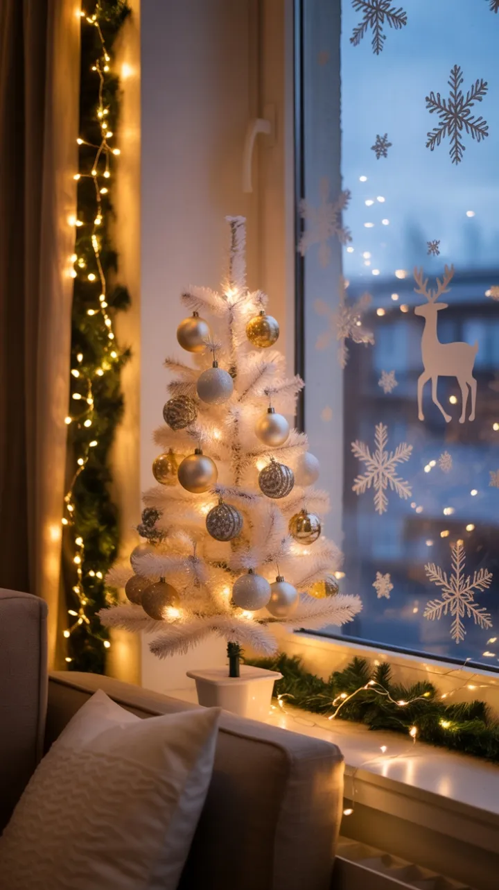 Twinkling Evening in a Cozy Apartment with a Mini White Christmas Tree