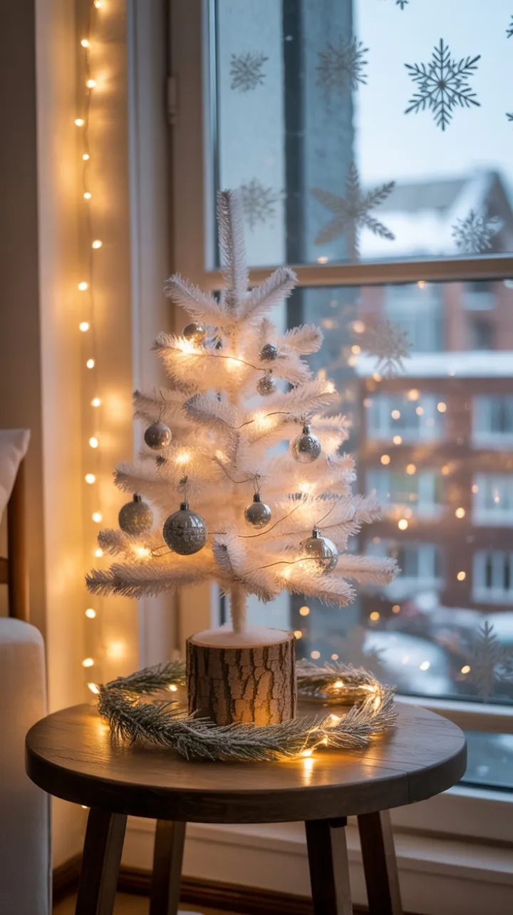 Cozy Winter Nook with a Mini White Tree and Snowy City Glow