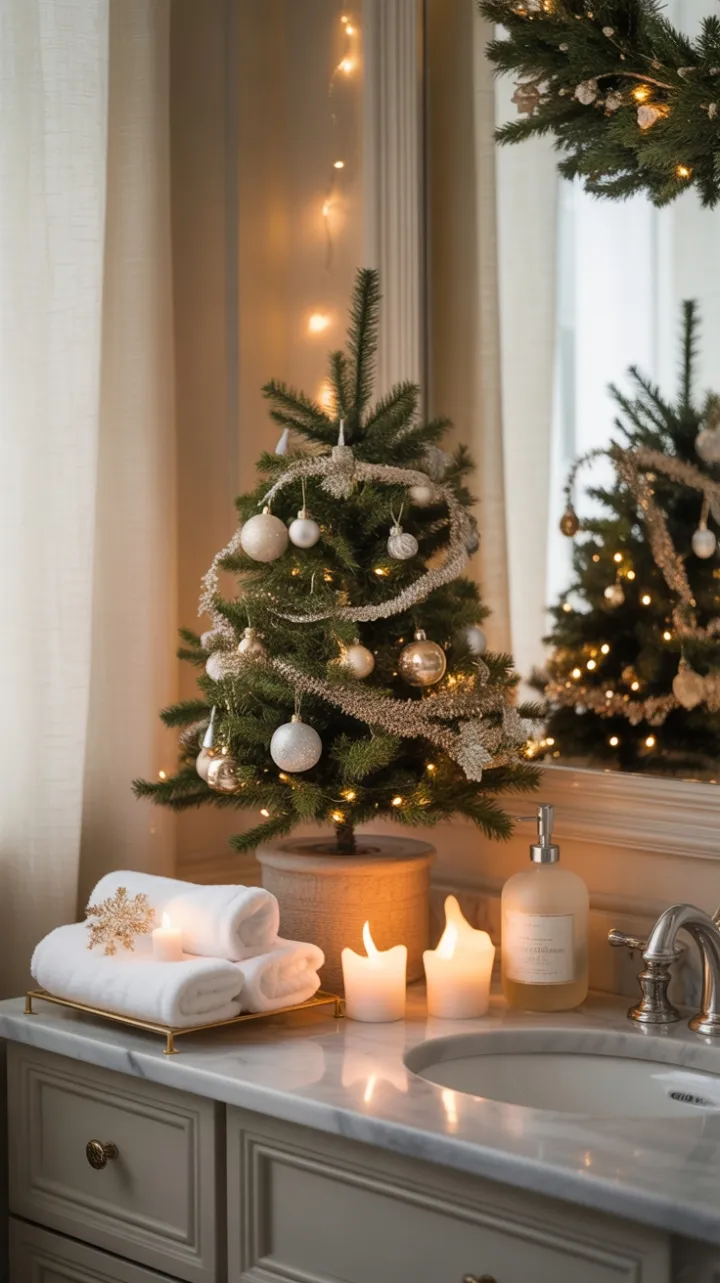 Intimate holiday glow with a tiny tree on a marble vanity