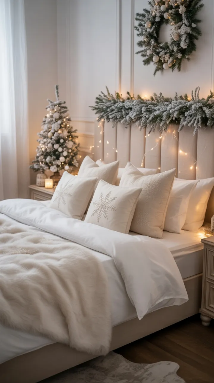 Snow-Kissed Sanctuary with Plush White Bedding and Twinkling Holiday Glow