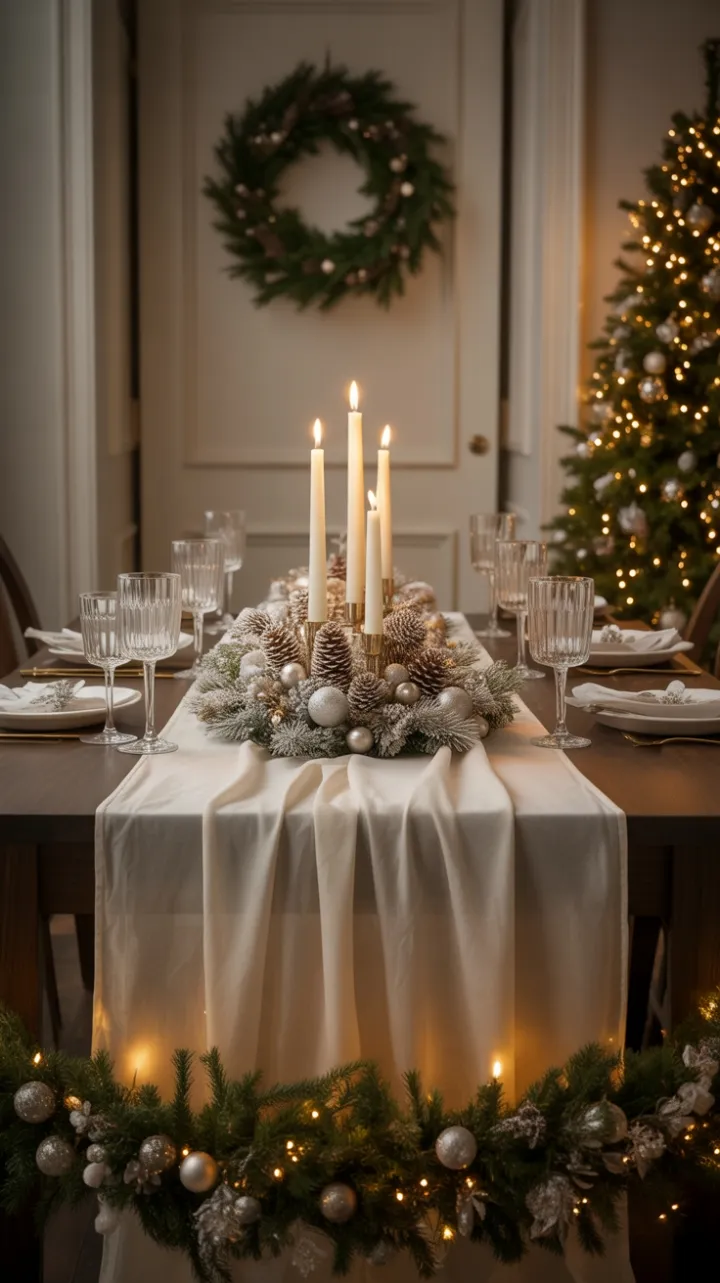 Elegant White Christmas Table Bathed in Warm Twinkling Light