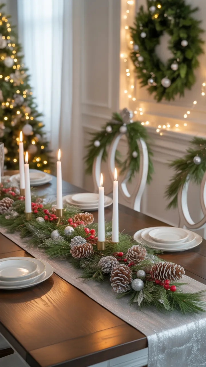 Silver-Glow Holiday Table with Frosted Pinecones and Candlelight
