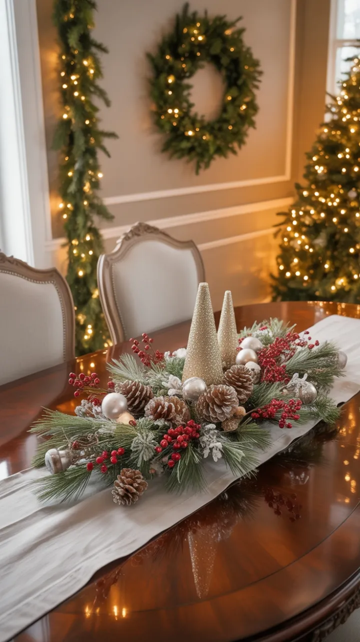 Frosted Pinecones and Twinkling Lights Illuminate a Festive Dining Room
