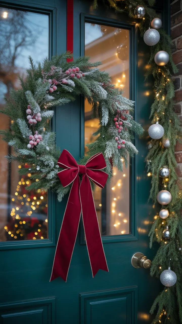 Velvet Bow and Twinkling Lights on a Snow-Kissed Holiday Door