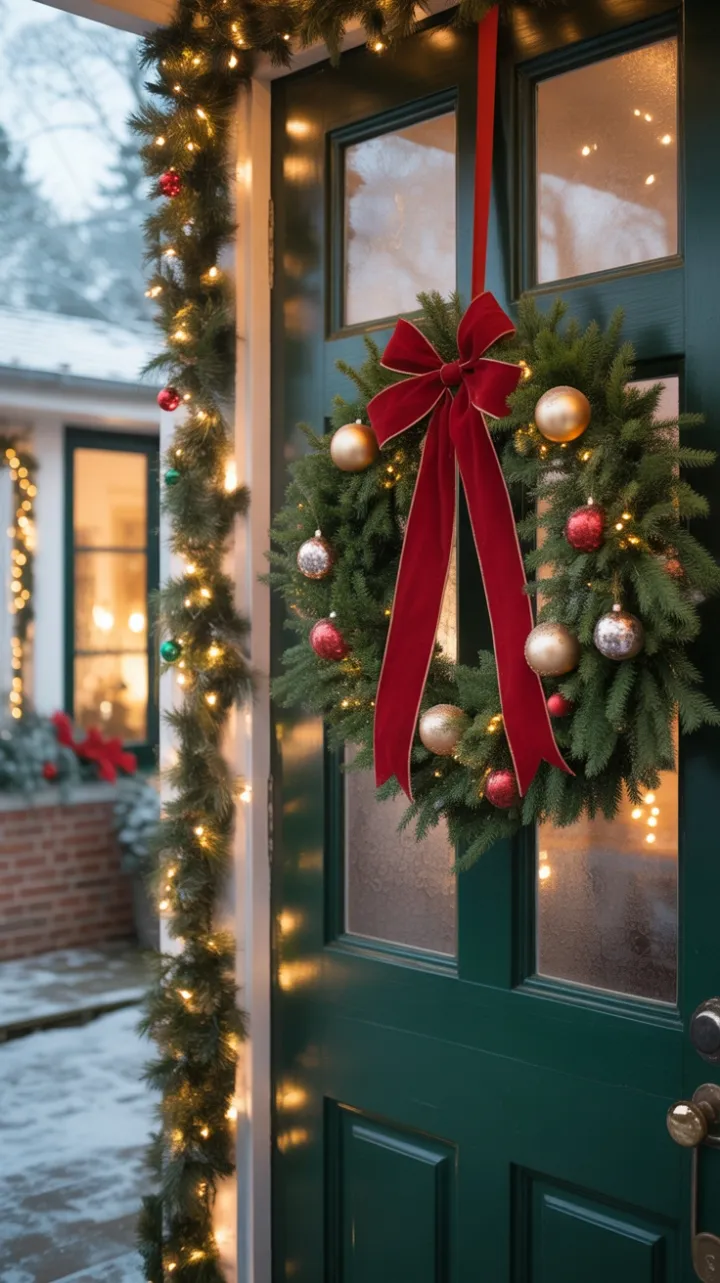 A Cozy Christmas Welcome with Velvet Bow and Twinkling Lights