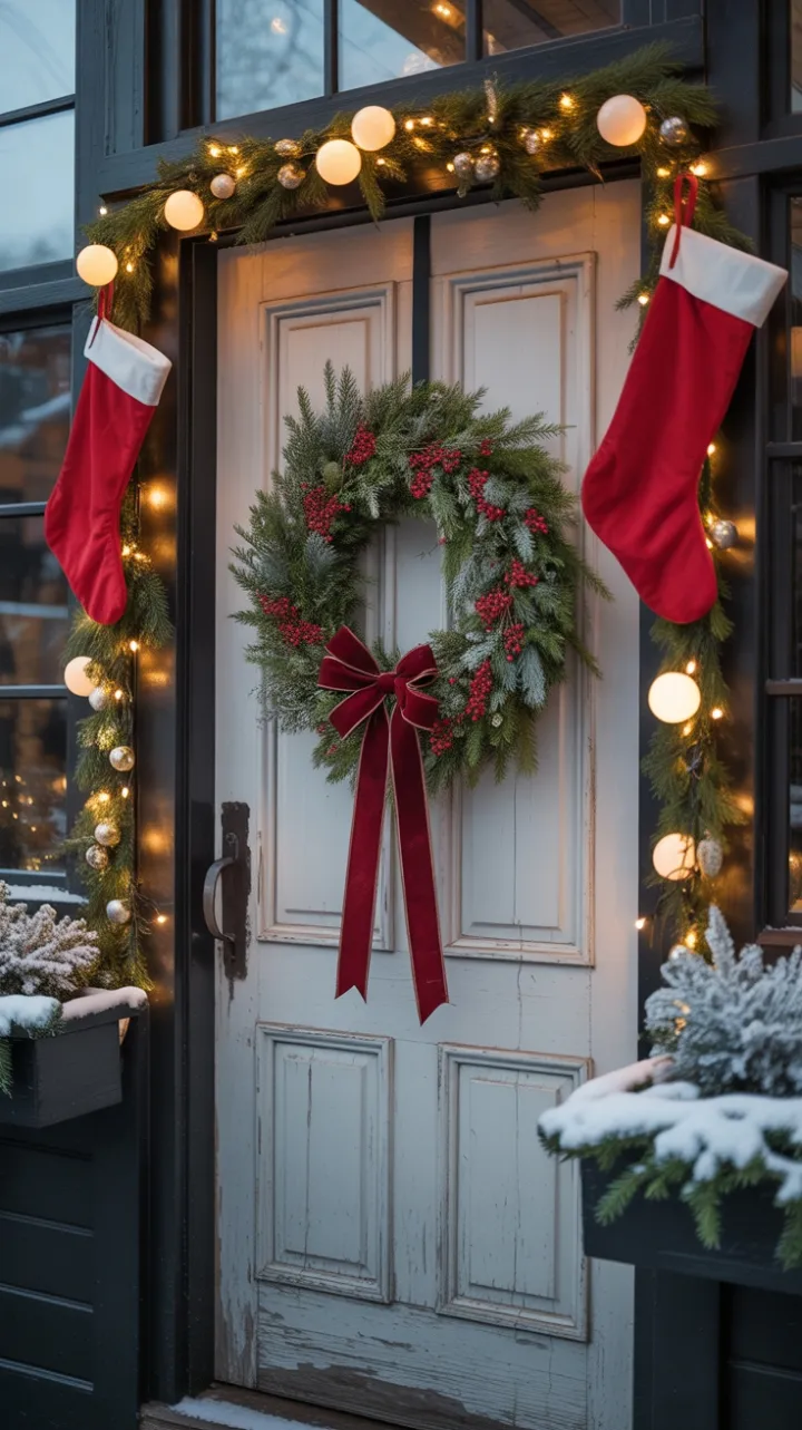 Snow-Kissed Welcome with Crimson Bow and Golden Lights