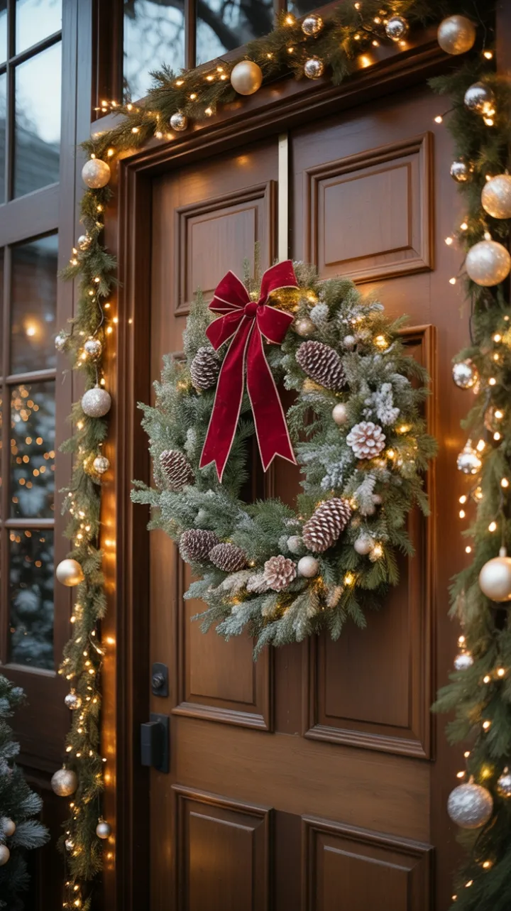 Velvet Bow and Twinkling Lights on a Snow-Dusted Door
