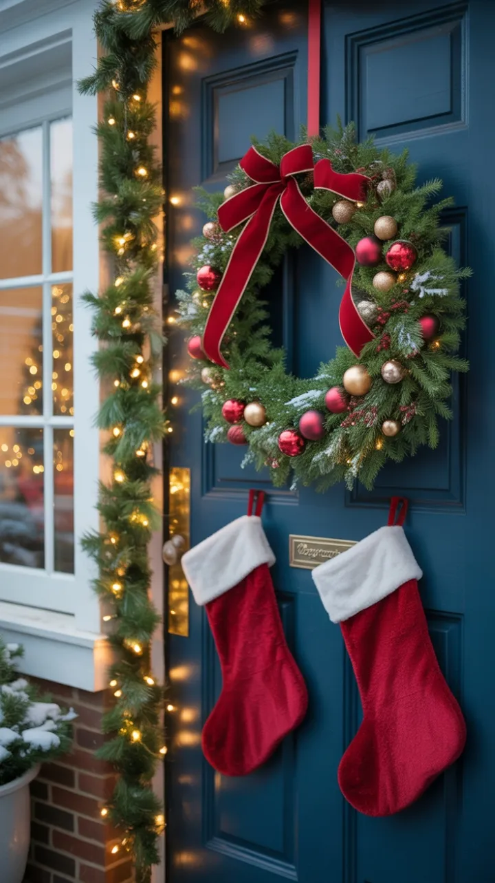 Snow-Kissed Welcome with Crimson Wreath and Twinkling Lights