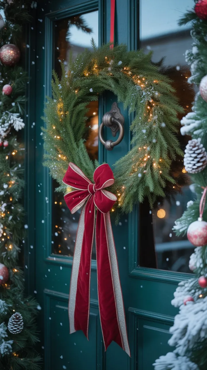 Snow-Kissed Welcome with Velvet Bow and Twinkling Wreath