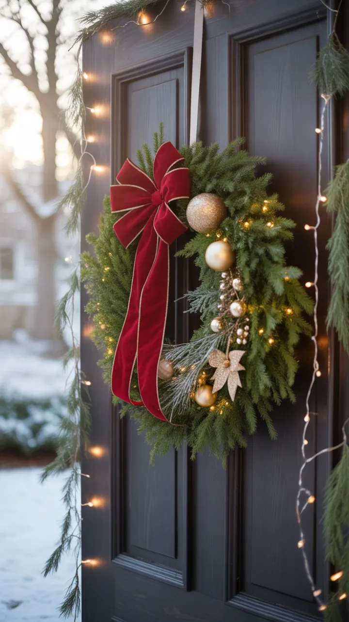Snow-Kissed Welcome with Velvet Bow and Twinkling Lights