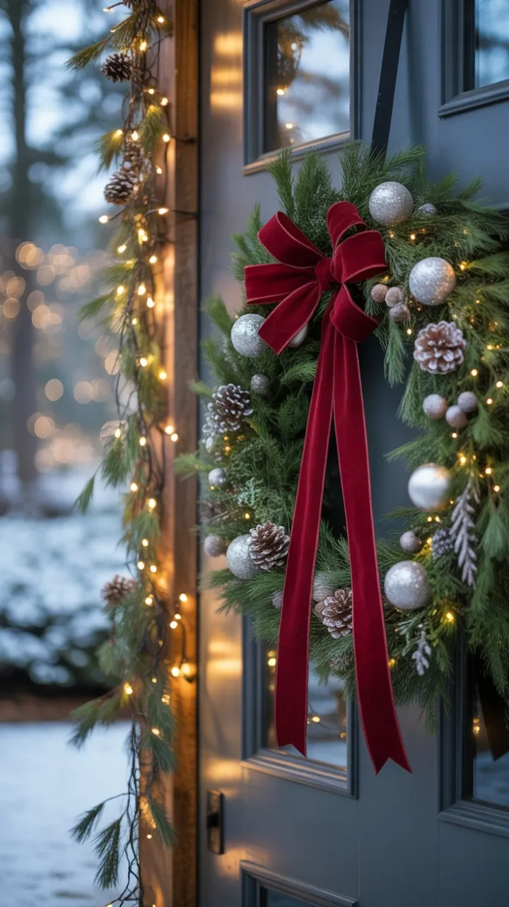 Snow-Kissed Doorway Dressed in Velvet Bow and Twinkling Lights